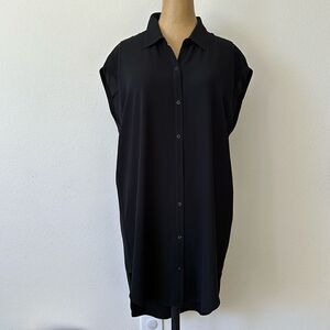 Eileen Fisher S silk button down short sleeve high low dress blk excellent cond